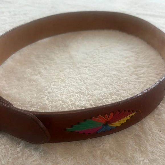 Vintage Women’s Brown Leather Belt Sz L Made USA Hankton 337 Colorful Starbursts - Picture 14 of 16